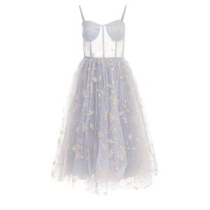 Lurelly Elegant midi Blue Tulle Dress‎ with Floral Embroidery size 6 fairy